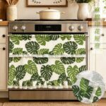 Printed Curtain Monstera Leaf Double-Layer Lace Hem Linen-Blend Printed Half Curtain